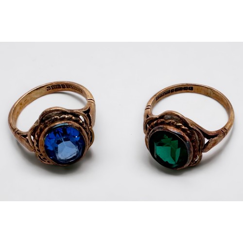 98 - Two 9ct yellow gold dress rings, one set with a blue faceted oval-shaped stone, the other with a gre... 