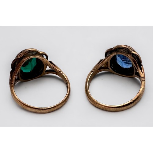 98 - Two 9ct yellow gold dress rings, one set with a blue faceted oval-shaped stone, the other with a gre... 