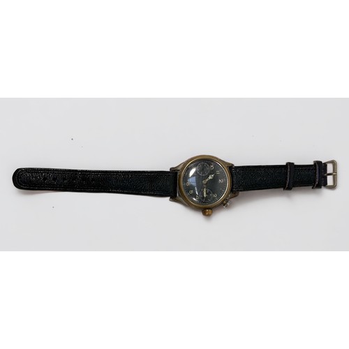 53 - A WWII era German Hanhart 1 Button chronograph wristwatch, the black enamel dial with luminous Arabi... 