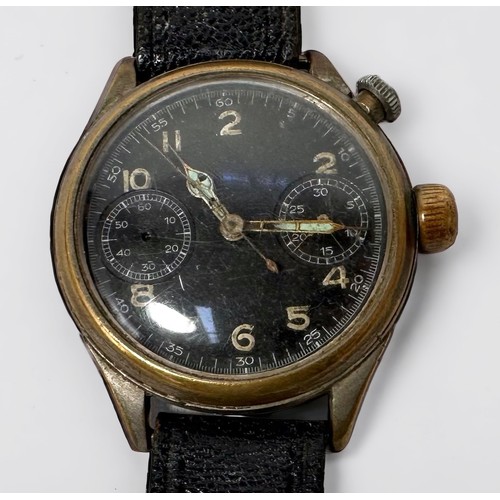 53 - A WWII era German Hanhart 1 Button chronograph wristwatch, the black enamel dial with luminous Arabi... 