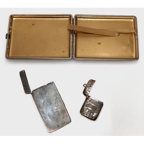 37 - A silver calling card case and a silver vesta, together with a white metal and leather cigarette cas... 