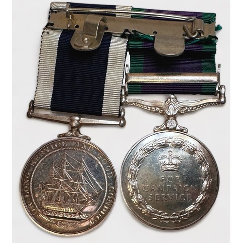 404 - An ERII General Service Medal with Malay Penisular clasp and and a RN Long Service Medal, both named... 