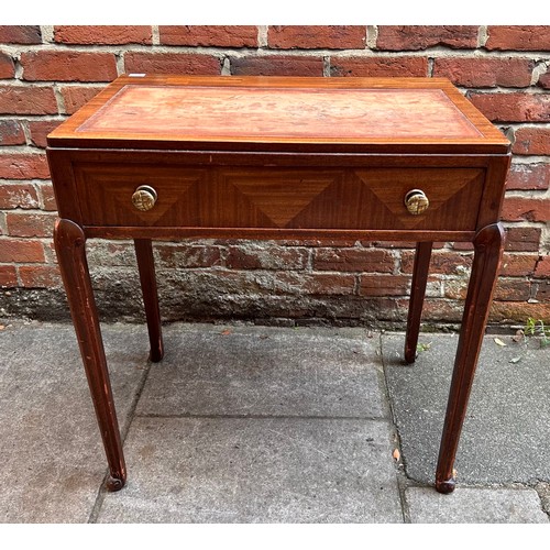 293 - A Waring & Gillow stained mahogany writing desk, parquetry drawer, brass textured pulls, raised on f... 