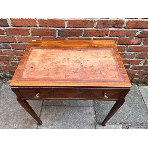 293 - A Waring & Gillow stained mahogany writing desk, parquetry drawer, brass textured pulls, raised on f... 