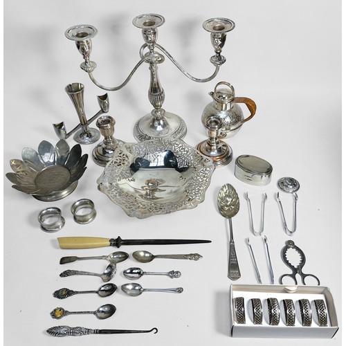 30 - A small collection of assorted silver including spoons, two napkin rings and sugar tongs, gross weig... 