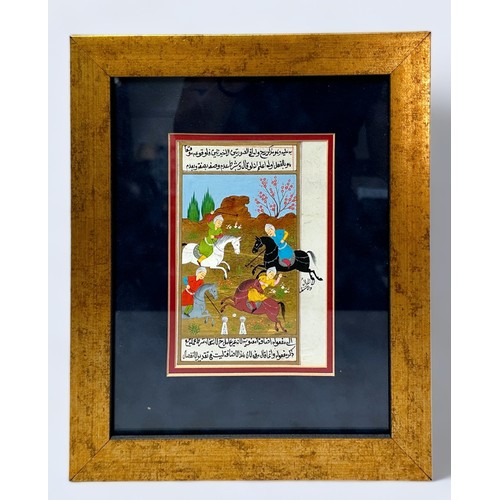 302 - A gilt and illuminated page depicting a Shahnameh scene with warriors on horseback, in two-sided gla... 