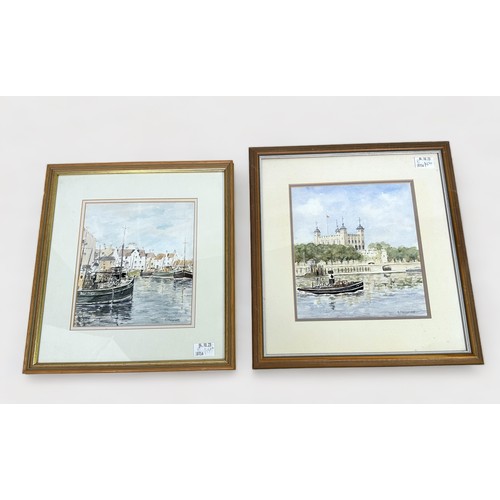 306 - Stuart Faulkner (20th century) ‘Tower of London’ and ‘Pittenweem, Fife’, signed, watercolours, mount... 