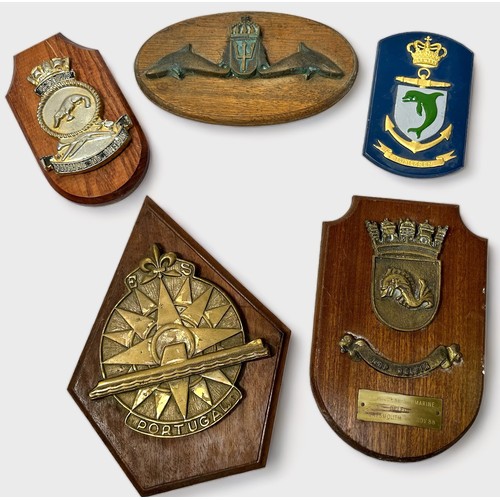 597 - Five various Ships Crests / Tampions, heavy brass ships badges, Portuguese submarine NRP Delfim, Aus... 