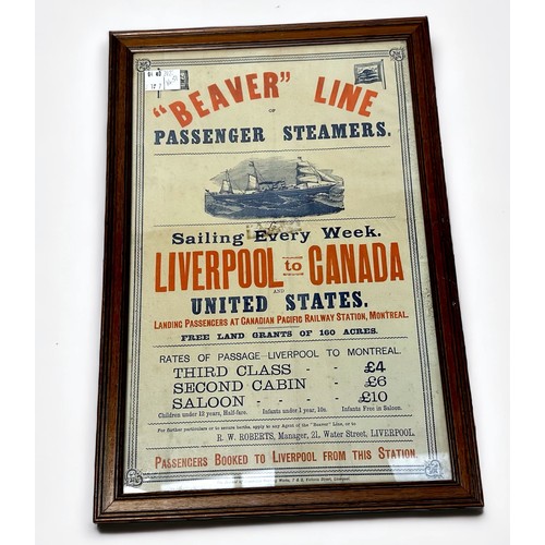 586 - An advertising poster for the Beaver Line of Steamships which operated between Liverpool, Canada, an... 