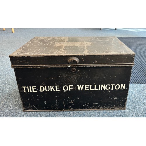 497 - A 19th Century black metal campaign box, with hinged lid and side carry handles, named to the front ... 