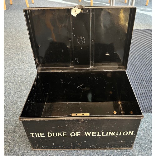 497 - A 19th Century black metal campaign box, with hinged lid and side carry handles, named to the front ... 