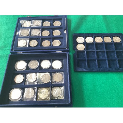 303 - A box containing coins and other collectables (see first photo for all items), including a display b... 