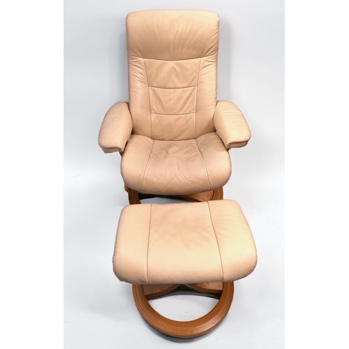 503 - A cream leather reclining swivel armchair and matching footstool