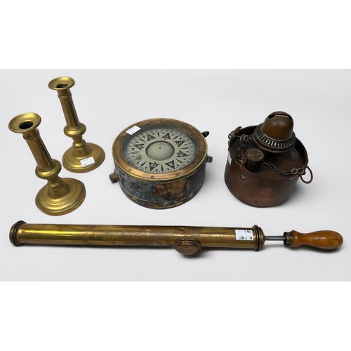 415 - A quantity of various brass and copper wares, to include, a large brass cased ship’s compass, pat no... 