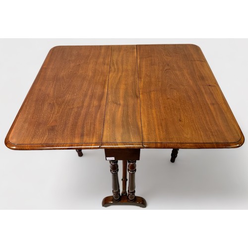 509 - A late 19th century figured walnut drop-leaf Sutherland table, hinged swivel-top on twin-turned gate... 