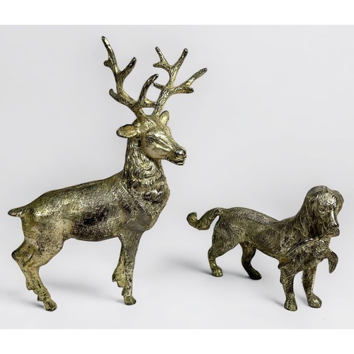 557 - Two cast metal alloy animal sculptures with silvered finish, comprising a Royal stag and hunting dog... 