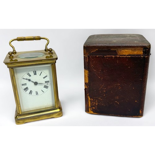 388 - An early 20th Century French brass cased carriage clock by Duverdrey & Bloquel, the white enamel dia... 