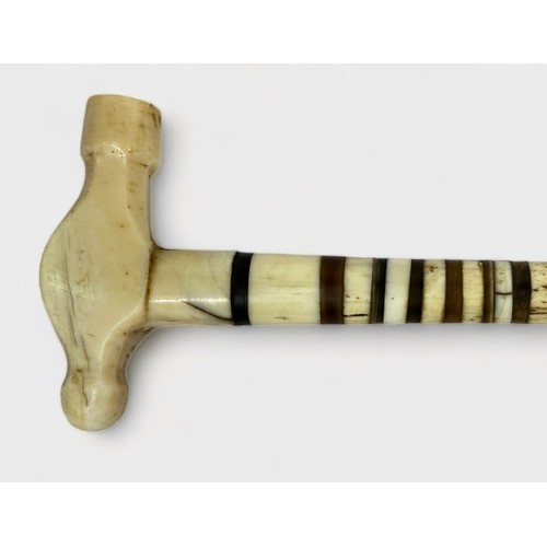 552 - A 20th Century Whale Bone walking stick, with collared sections of horn and the handle carved in the... 