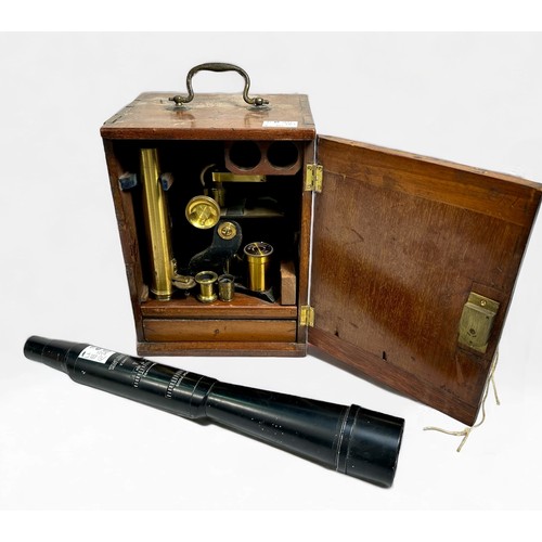 382 - A Microscope by Henry Crouch, lacquered brassware and black frame, with selection of glass specimen ... 