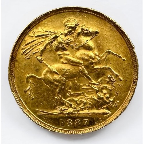 316 - A Queen Victoria full Sovereign, 1887, young head Victoria, 22ct gold, gross weight approximately 8g