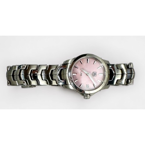 104 - A ladies stainless steel Tag Heuer ‘Link’ wristwatch, model WJF1412, the pearlescent pink dial with ... 