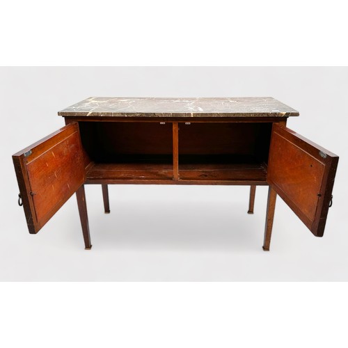 513 - An Edwardian stained walnut wash stand with marble top above a pair of cupboard doors, raisen on squ... 