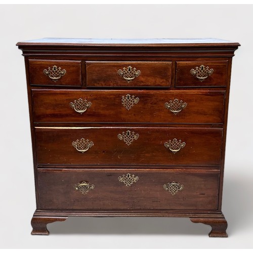 517 - A mid 18th century stained mahogany chest of drewers, comprising three short drawers above three grd... 