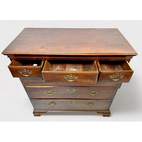 517 - A mid 18th century stained mahogany chest of drewers, comprising three short drawers above three grd... 