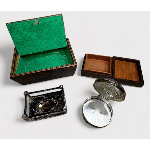 77 - Two early 20th Century Tunbridge Ware trinket boxes, one with hinged lid, together with, a silver do... 