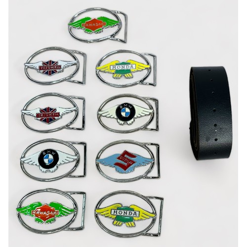 560 - A collection of nine assorted white metal belt buckles, each decorated with coloured enamel motorcyc... 