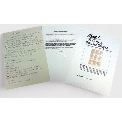 372 - Original handwritten practice/memory sheet of song lyrics for ‘Fade Away’ by Noel Gallagher for a pl... 