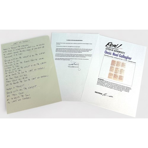 375 - Original handwritten practice/memory sheet of song lyrics for ‘Cast No Shadow’ by Noel Gallagher for... 