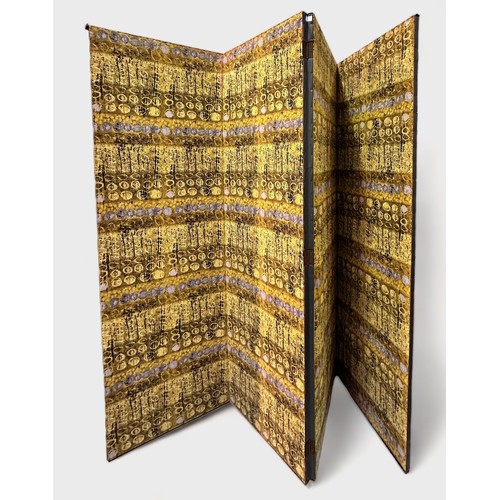 527 - Four-fold dressing screen, covered both sides with a retro yellow, brown, black and grey upholstery,... 