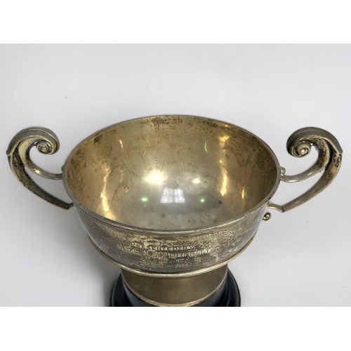 84 - An Edwardian twin-handled silver trophy by George Nathan & Ridley Hayes, with inscription to front, ... 