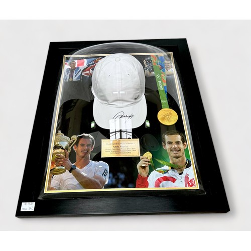 615 - An Andy Murray signed white Nike cap, signed to visor, as part of a framed montage featuring a repli... 