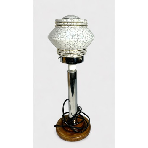 402 - An Art Deco period table lamp with ribbed and compressed globular mottled glass shade, chrome column... 