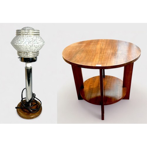 402 - An Art Deco period table lamp with ribbed and compressed globular mottled glass shade, chrome column... 