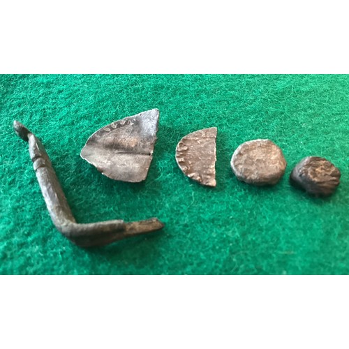 312 - What is believed to be a Roman silver ear scoop (see 3rd photo for close up), two cut UK hammered si... 