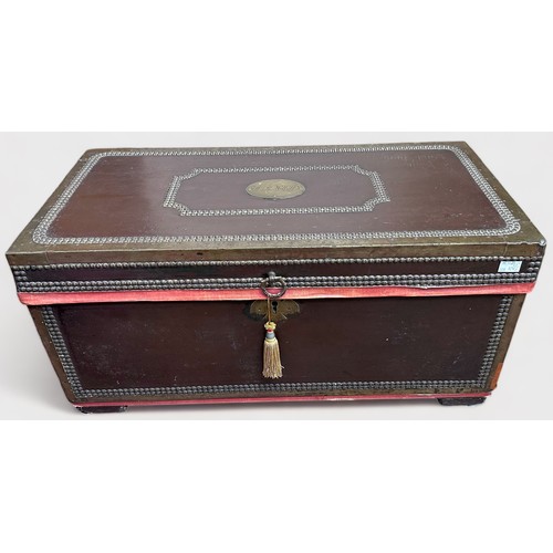 529 - An early 20th Century metal mounted and studded blanket box, with camphor lining and name engraved o... 