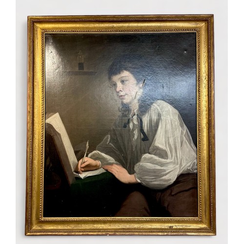 494 - English School, 18th Century, Half-length seated portrait of a young boy, writing with a quill pen f... 