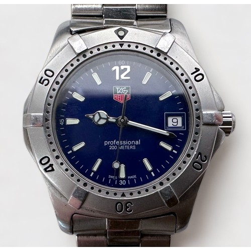 148 - A gents stainless steel Tag Heuer Professional 200 meter water resistant quartz wristwatch, the blue... 