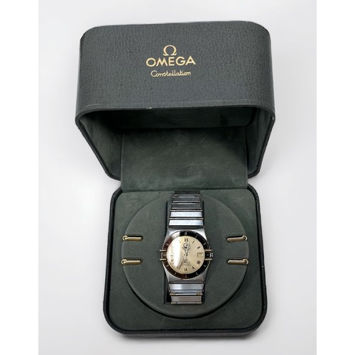 142 - A stainless steel and gold Omega Constellation quartz wristwatch, the champagne dial with applied go... 