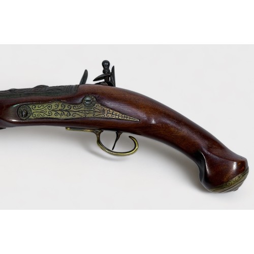 434 - An 18th century 'style' flintlock sea-service pistol, with 13-inch steel barrel with part-cast decor... 