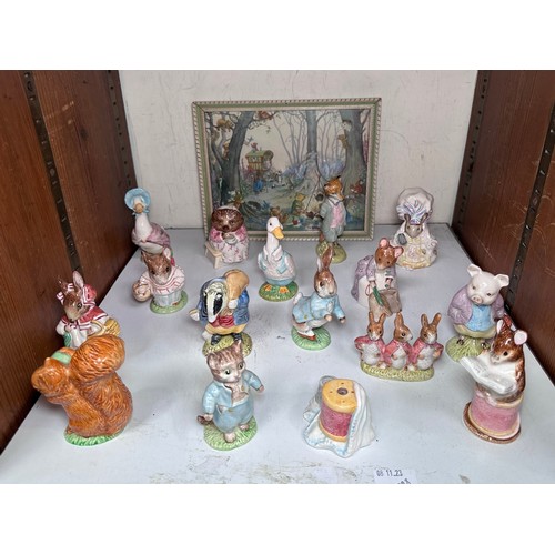 46 - Fourteen Beswick Beatrix Potter figures and two later figures, togrther with a coloured print. (IN S... 