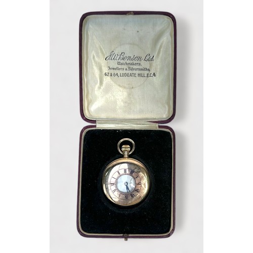 151 - A 9ct gold cased half-hunter pocket watch by J. W. Benson, the white enamel dial with Roman numerals... 