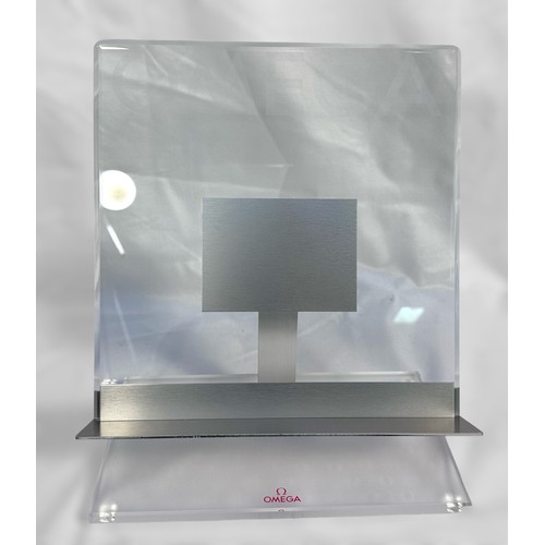 157 - An Omega watches transparent acrylic shop display stand, with metal support to rectangular acrylic b... 