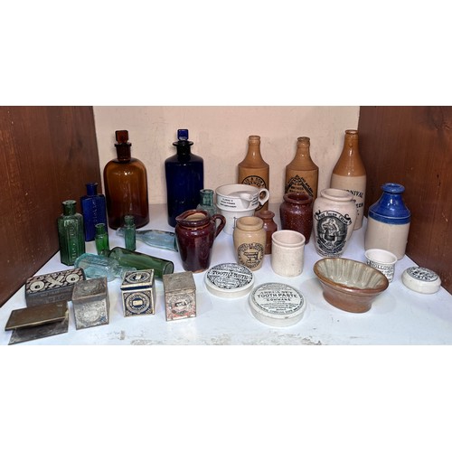 55 - A collection of 19th century poison bottles, glassware, stoneware pottery ginger bottles and printed... 