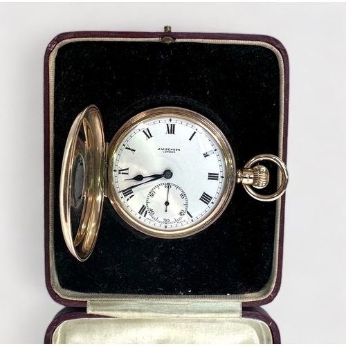 151 - A 9ct gold cased half-hunter pocket watch by J. W. Benson, the white enamel dial with Roman numerals... 