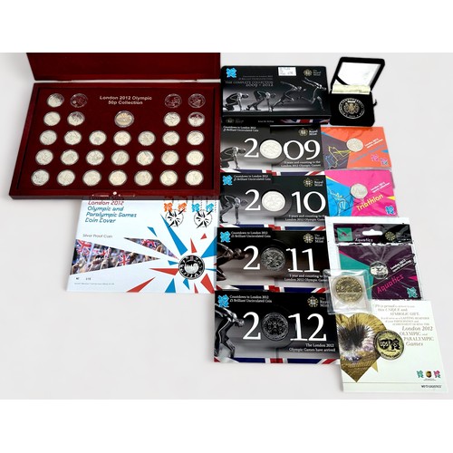 338 - A small collection of London 2012 related coins, comprising, a cased set of London 2012 Olympic Spor... 