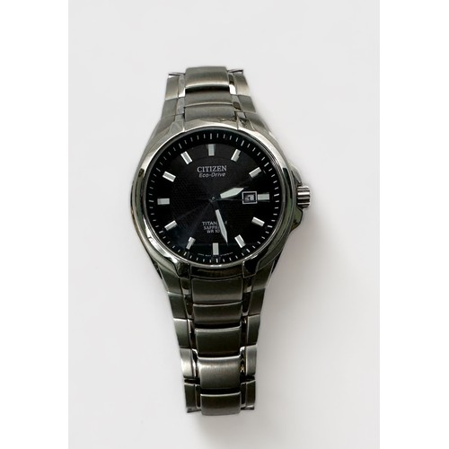 102 - A gents stainless steel Citizen Eco-Drive Radio Controlled WR 200 wristwatch, the black dial with ba... 